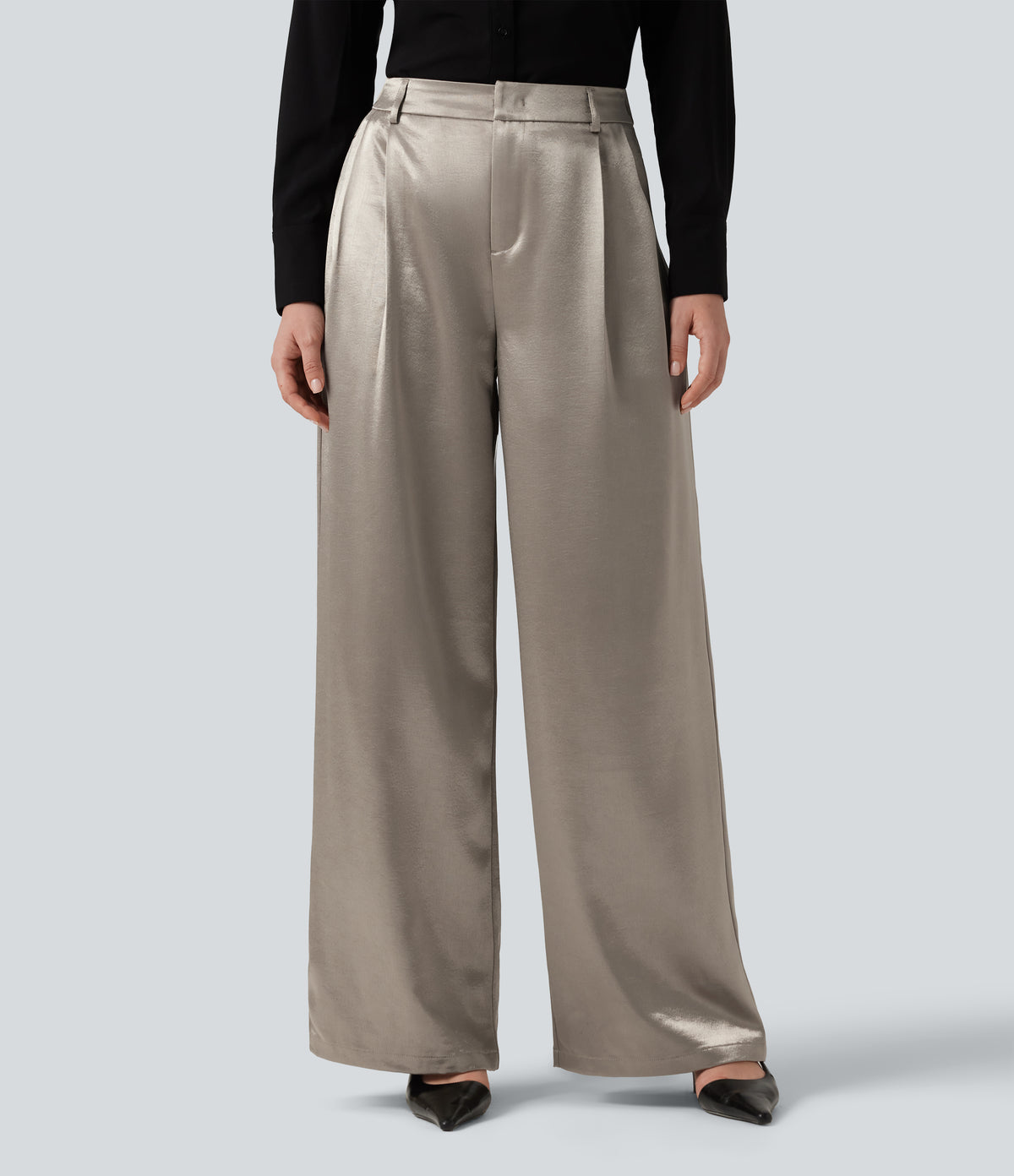High Waisted Wide Leg Satin Work Trousers with Pockets — White Pewter — view 1