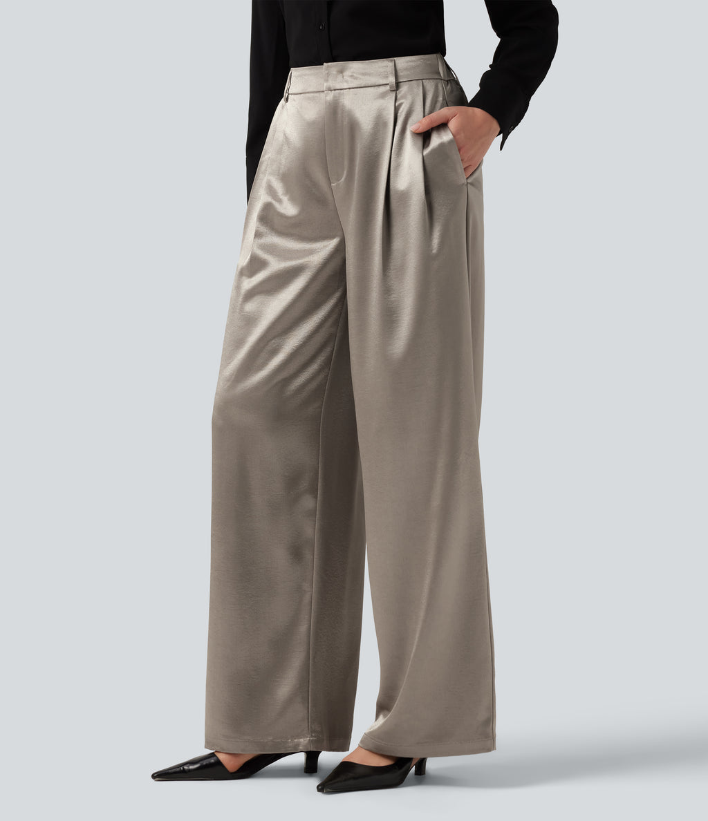 High Waisted Wide Leg Satin Work Trousers with Pockets — White Pewter — view 3