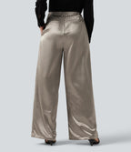 High Waisted Wide Leg Satin Work Trousers with Pockets — White Pewter — view 2