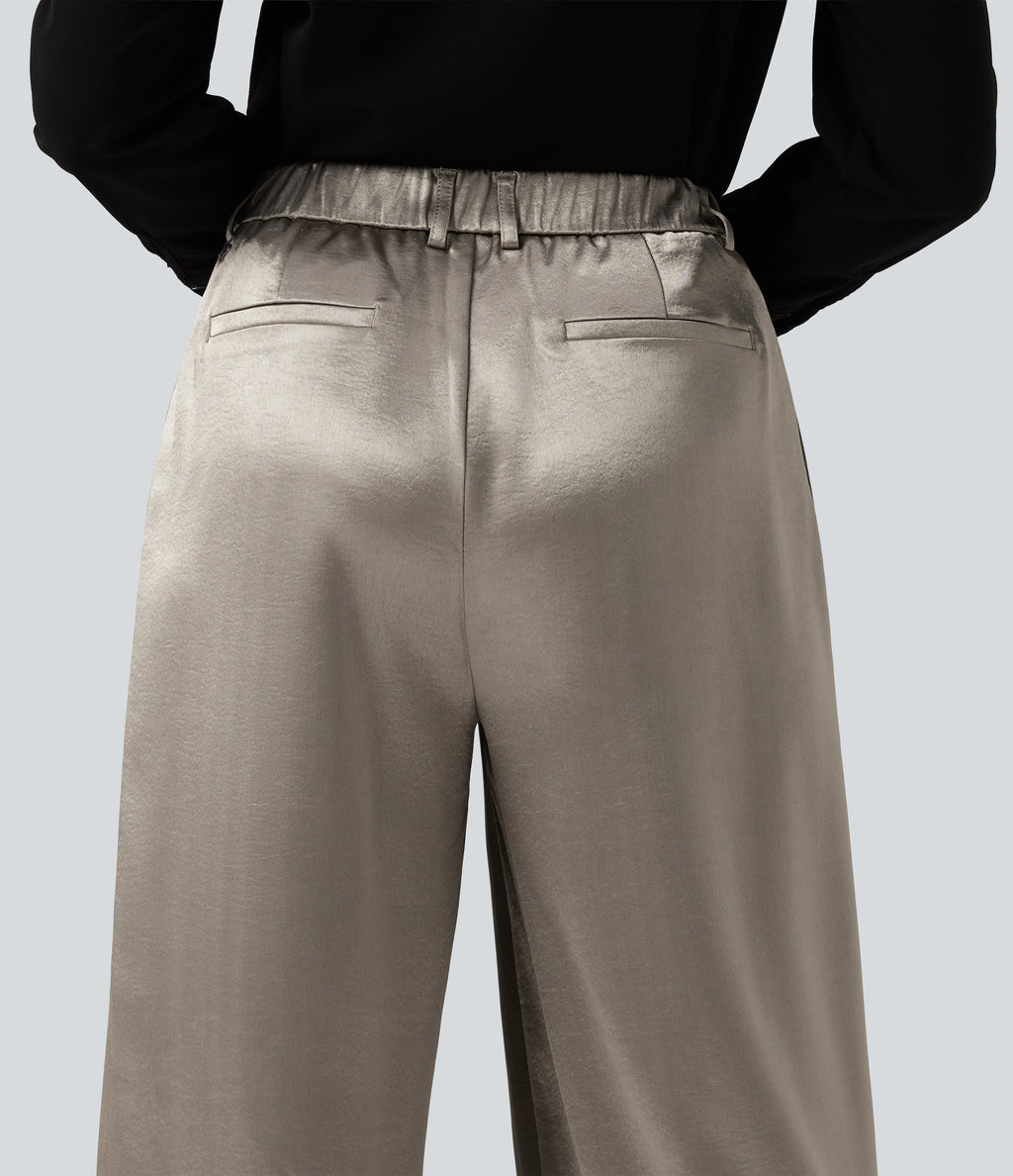 High Waisted Wide Leg Satin Work Trousers with Pockets — White Pewter — view 5