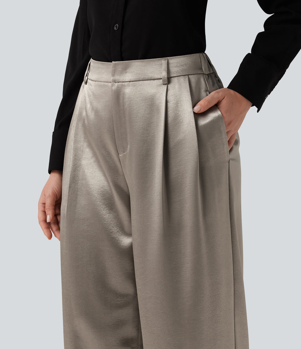 High Waisted Wide Leg Satin Work Trousers with Pockets — White Pewter — view 4