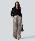 High Waisted Wide Leg Satin Work Trousers with Pockets — White Pewter — view 6