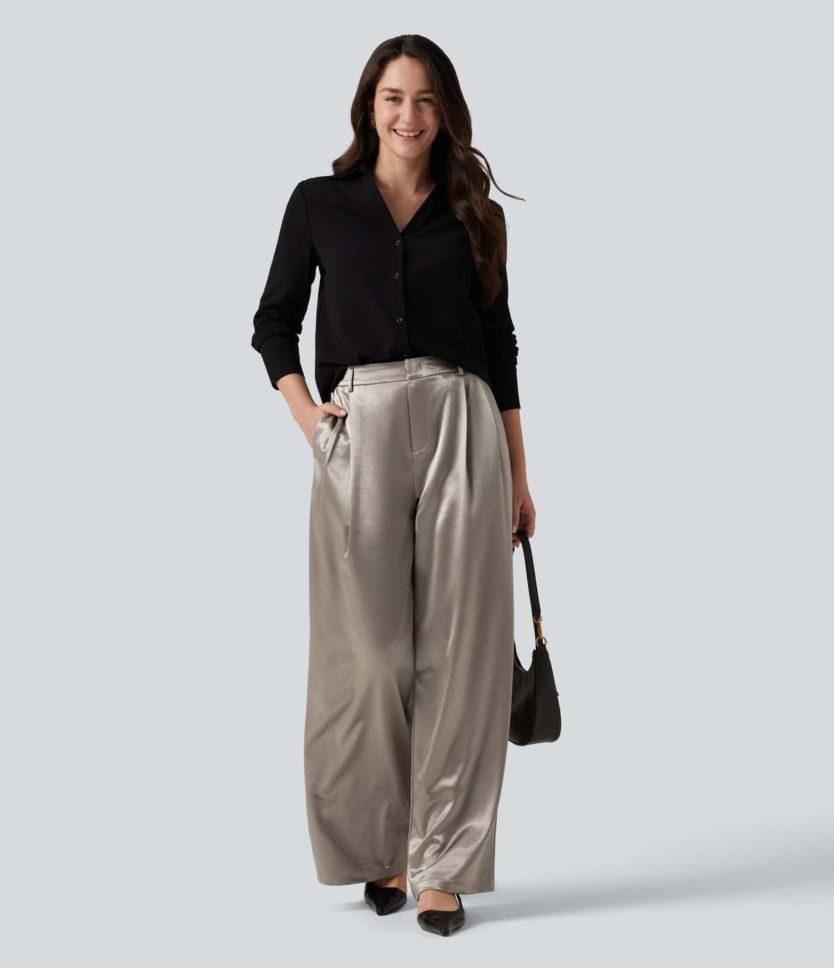 High Waisted Wide Leg Satin Work Trousers with Pockets — White Pewter — view 6
