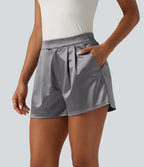 High Waisted Satin Work Shorts 3" with Pockets — Steel Gray — view 3