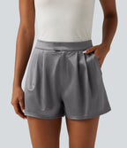 High Waisted Satin Work Shorts 3" with Pockets — Steel Gray — view 4