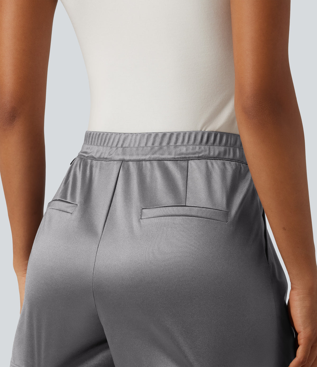 High Waisted Satin Work Shorts 3" with Pockets — Steel Gray — view 5