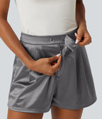 High Waisted Satin Work Shorts 3" with Pockets — Steel Gray — view 6