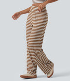 Ribbed Knit Mid Rise Wide Leg Stripe Casual Trousers with Pockets — Birch Stripe — view 3