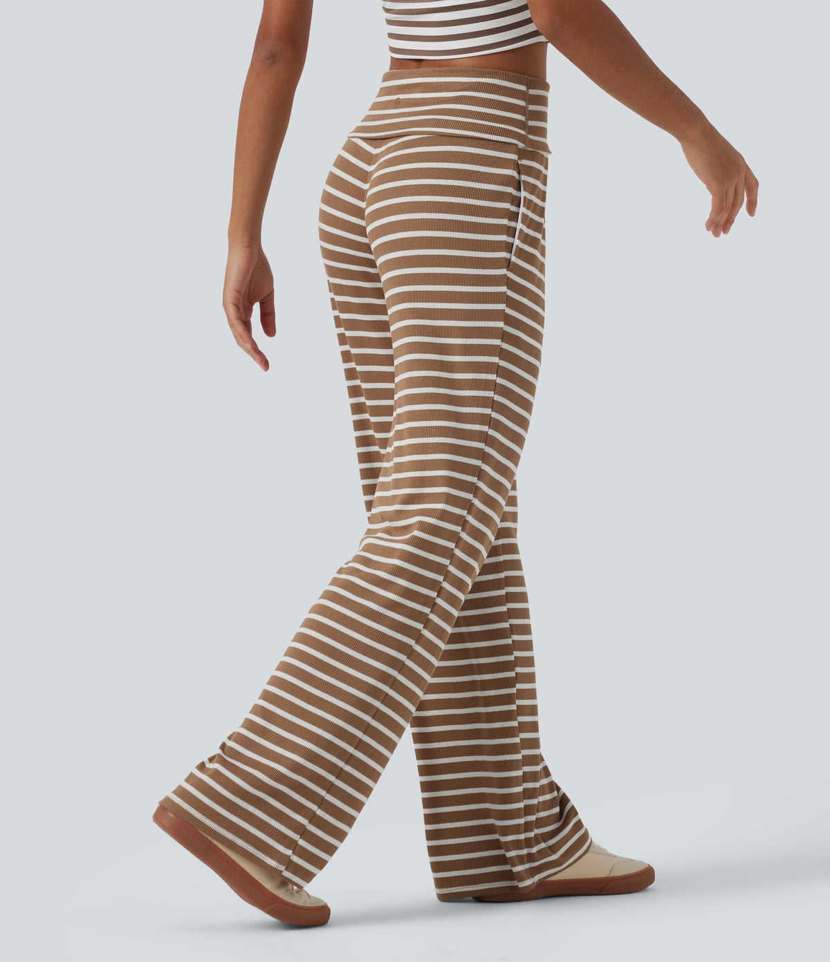 Ribbed Knit Mid Rise Wide Leg Stripe Casual Trousers with Pockets — Birch Stripe — view 2