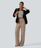 Ribbed Knit Mid Rise Wide Leg Stripe Casual Trousers with Pockets — Birch Stripe — view 6