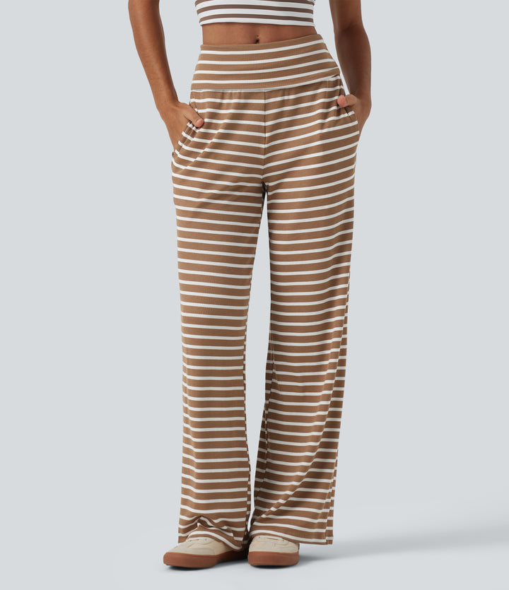 Ribbed Knit Mid Rise Wide Leg Stripe Casual Trousers with Pockets — Birch Stripe — view 1