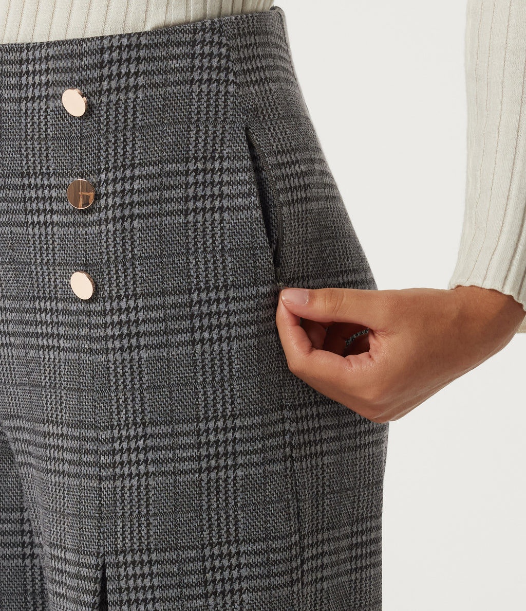 High Waisted Wide Leg Houndstooth Plaid Work Trousers with Pockets — Dark Gray Plaid — view 5