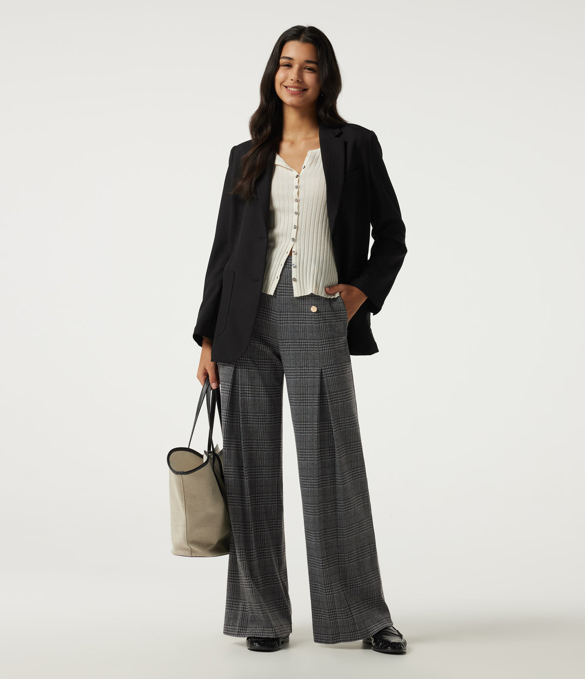 High Waisted Wide Leg Houndstooth Plaid Work Trousers with Pockets — Dark Gray Plaid — view 6
