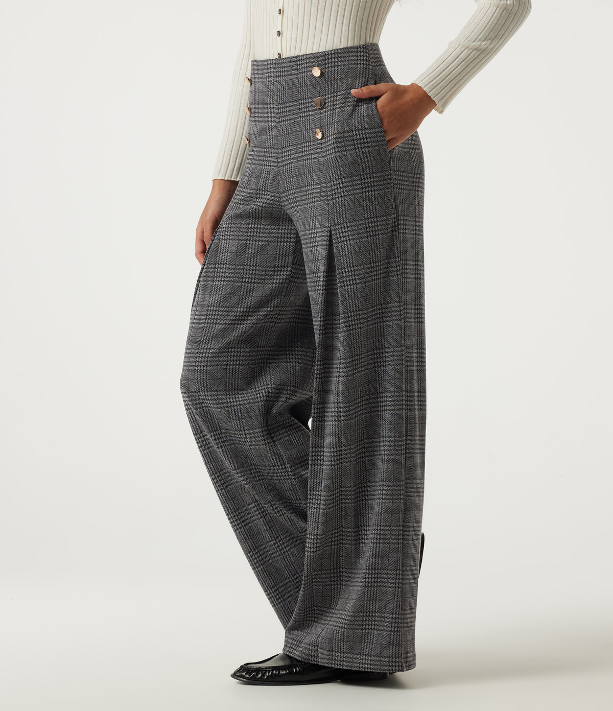 High Waisted Wide Leg Houndstooth Plaid Work Trousers with Pockets — Dark Gray Plaid — view 3
