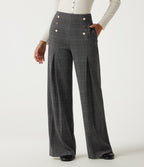 High Waisted Wide Leg Houndstooth Plaid Work Trousers with Pockets — Dark Gray Plaid — view 1