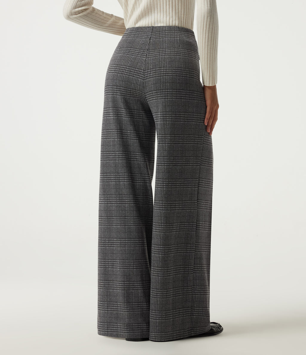 High Waisted Wide Leg Houndstooth Plaid Work Trousers with Pockets — Dark Gray Plaid — view 2