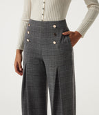 High Waisted Wide Leg Houndstooth Plaid Work Trousers with Pockets — Dark Gray Plaid — view 4