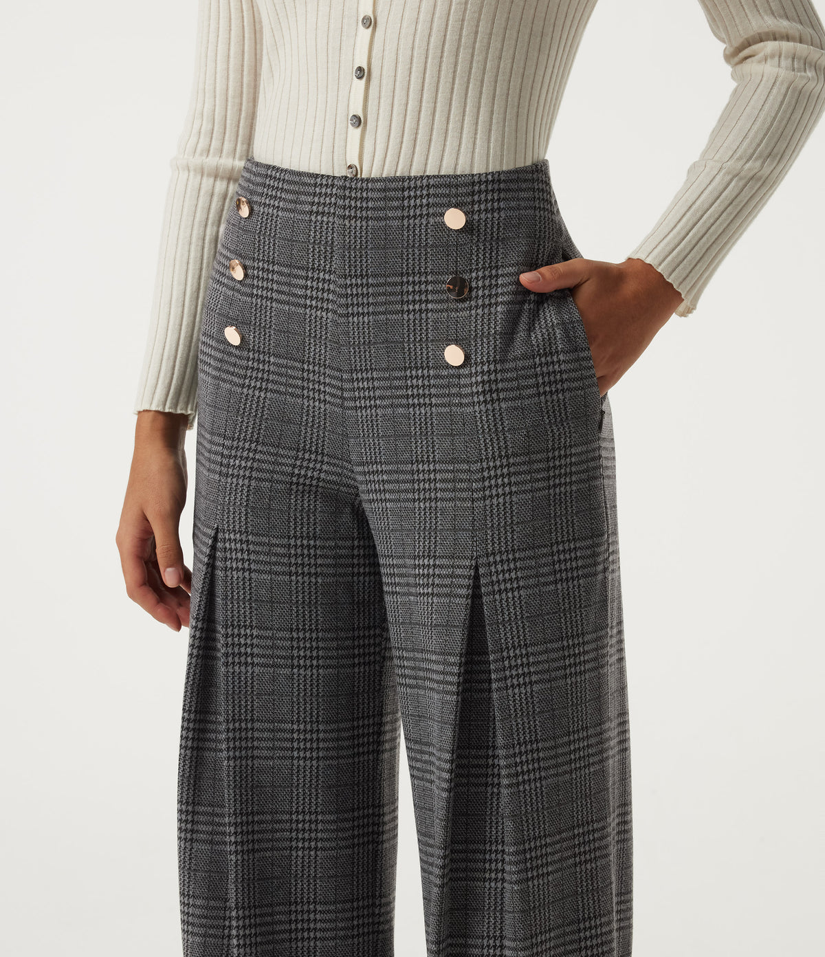 High Waisted Wide Leg Houndstooth Plaid Work Trousers with Pockets — Dark Gray Plaid — view 4