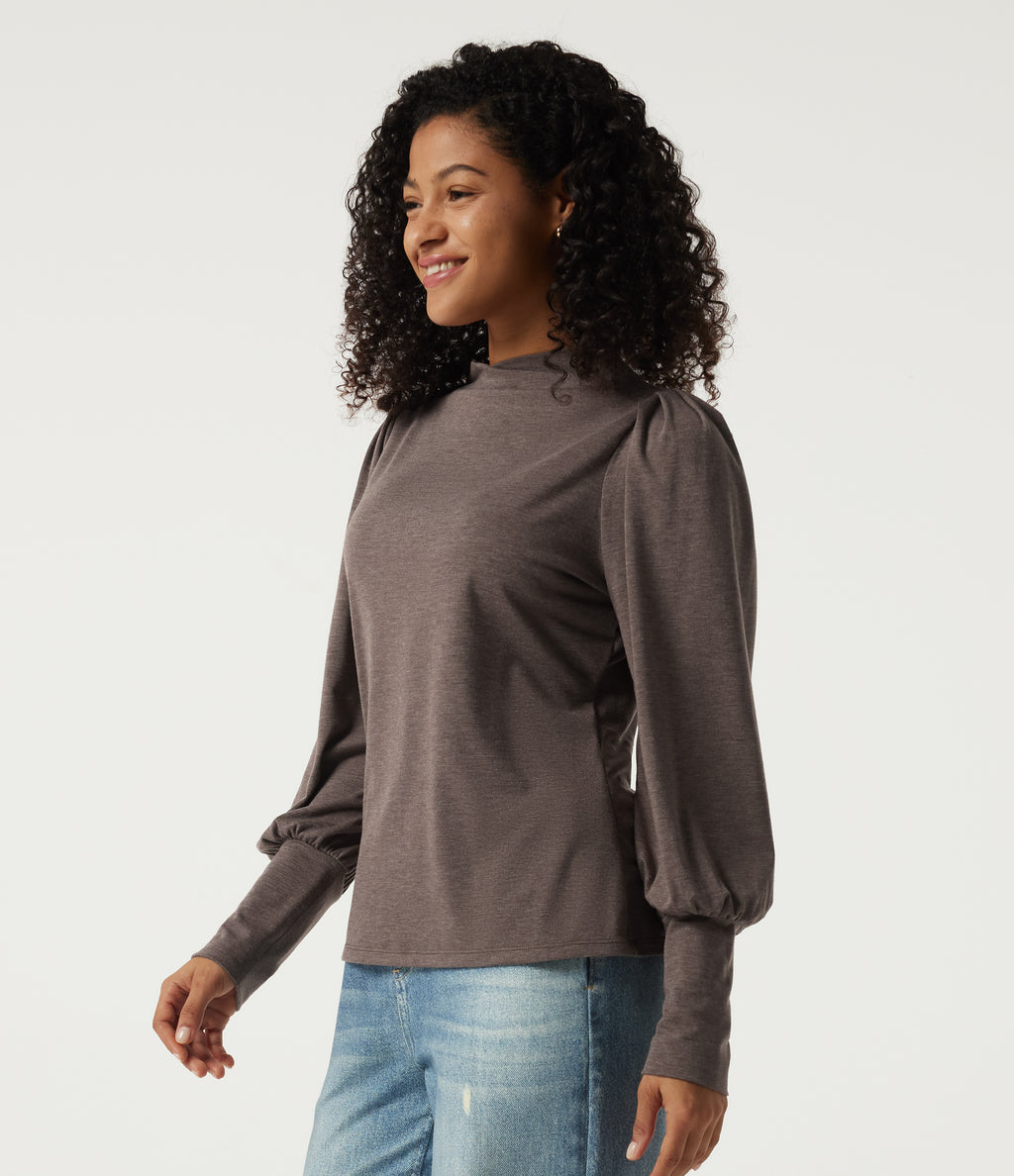 Mock Neck Long Sleeve Relaxed Casual Top — Deep Tea Brown Floral Yarn — view 4