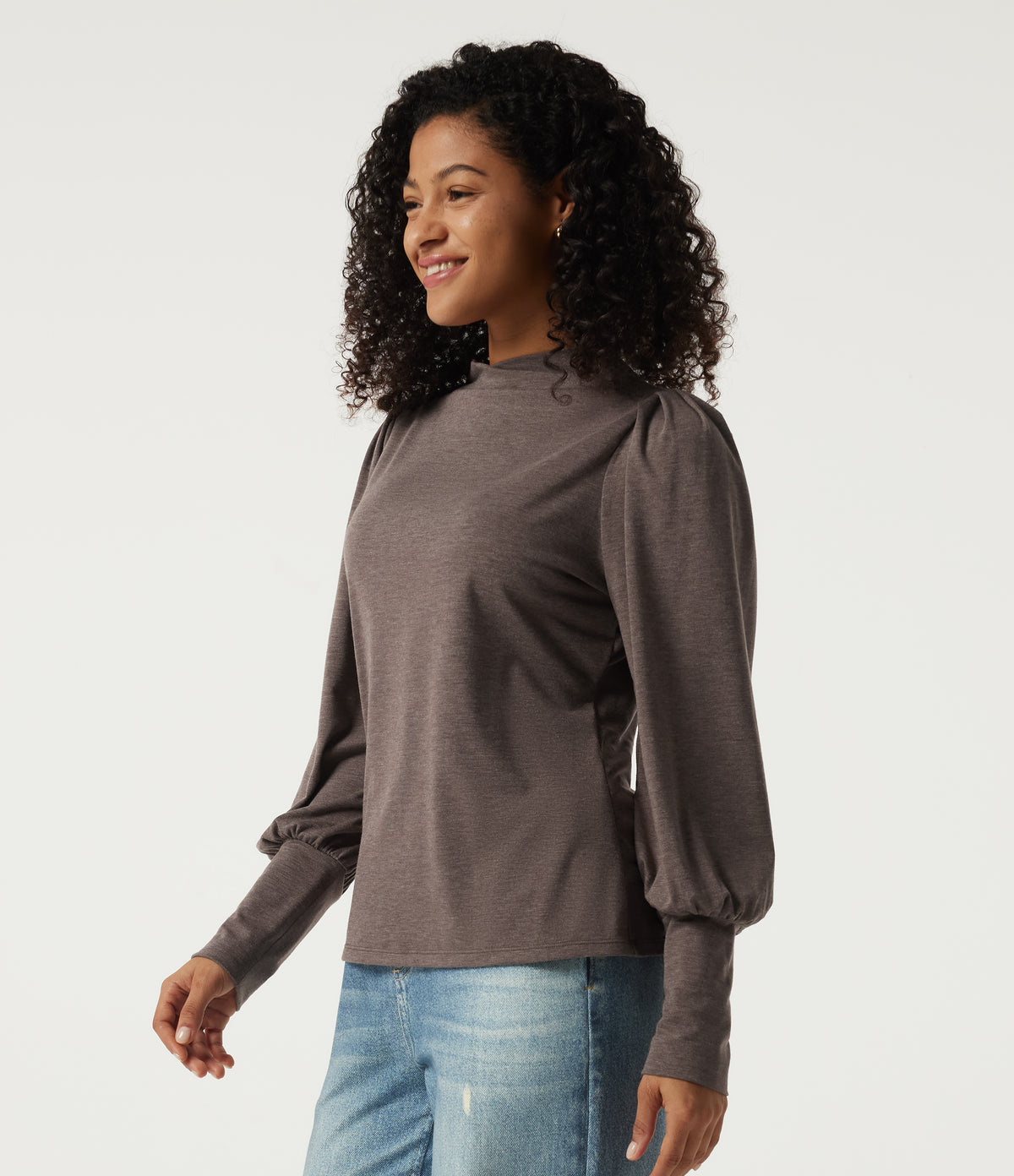 Mock Neck Long Sleeve Relaxed Casual Top — Deep Tea Brown Floral Yarn — view 4
