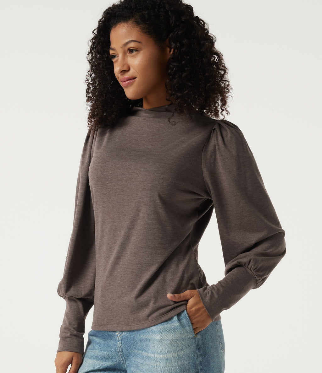 Mock Neck Long Sleeve Relaxed Casual Top — Deep Tea Brown Floral Yarn — view 1