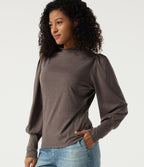 Mock Neck Long Sleeve Relaxed Casual Top — Deep Tea Brown Floral Yarn — view 1