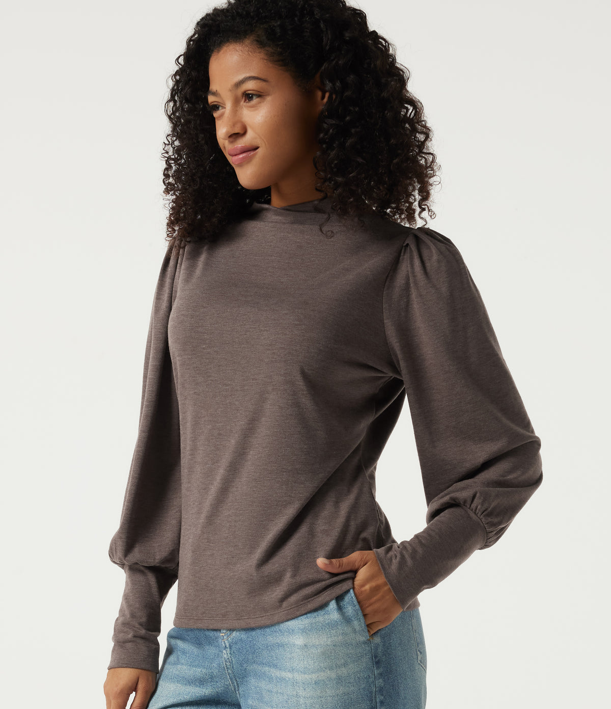 Mock Neck Long Sleeve Relaxed Casual Top — Deep Tea Brown Floral Yarn — view 1
