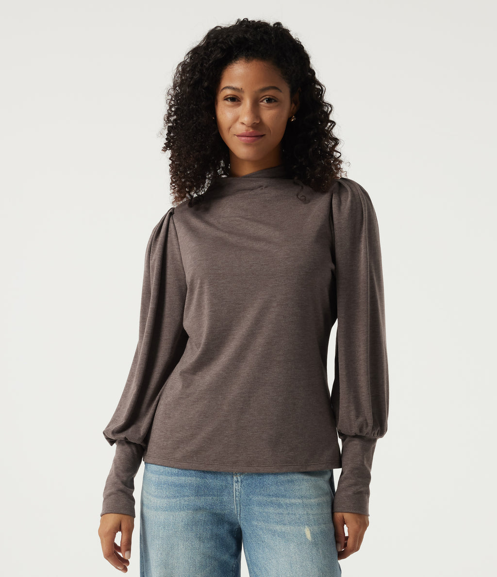 Mock Neck Long Sleeve Relaxed Casual Top — Deep Tea Brown Floral Yarn — view 3