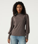 Mock Neck Long Sleeve Relaxed Casual Top — Deep Tea Brown Floral Yarn — view 3