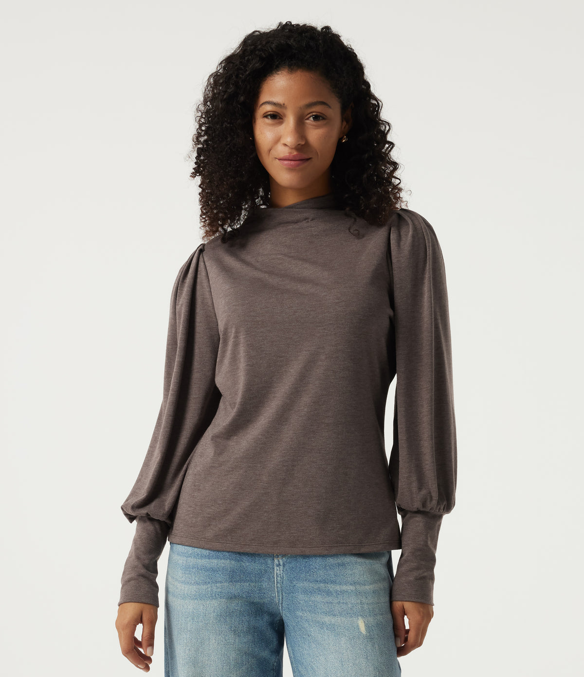 Mock Neck Long Sleeve Relaxed Casual Top — Deep Tea Brown Floral Yarn — view 3