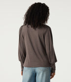 Mock Neck Long Sleeve Relaxed Casual Top — Deep Tea Brown Floral Yarn — view 2