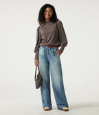 Mock Neck Long Sleeve Relaxed Casual Top — Deep Tea Brown Floral Yarn — view 7