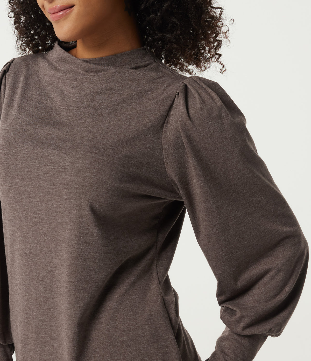 Mock Neck Long Sleeve Relaxed Casual Top — Deep Tea Brown Floral Yarn — view 5
