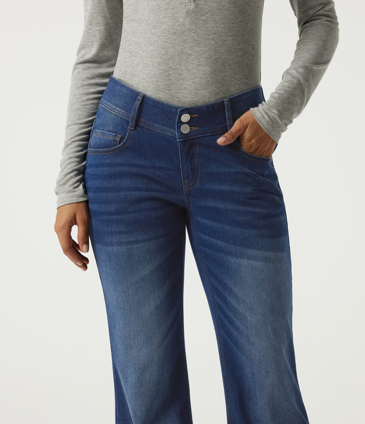 Mid Rise Flare Casual Jeans with Pockets — Estate Blue Denim — view 4