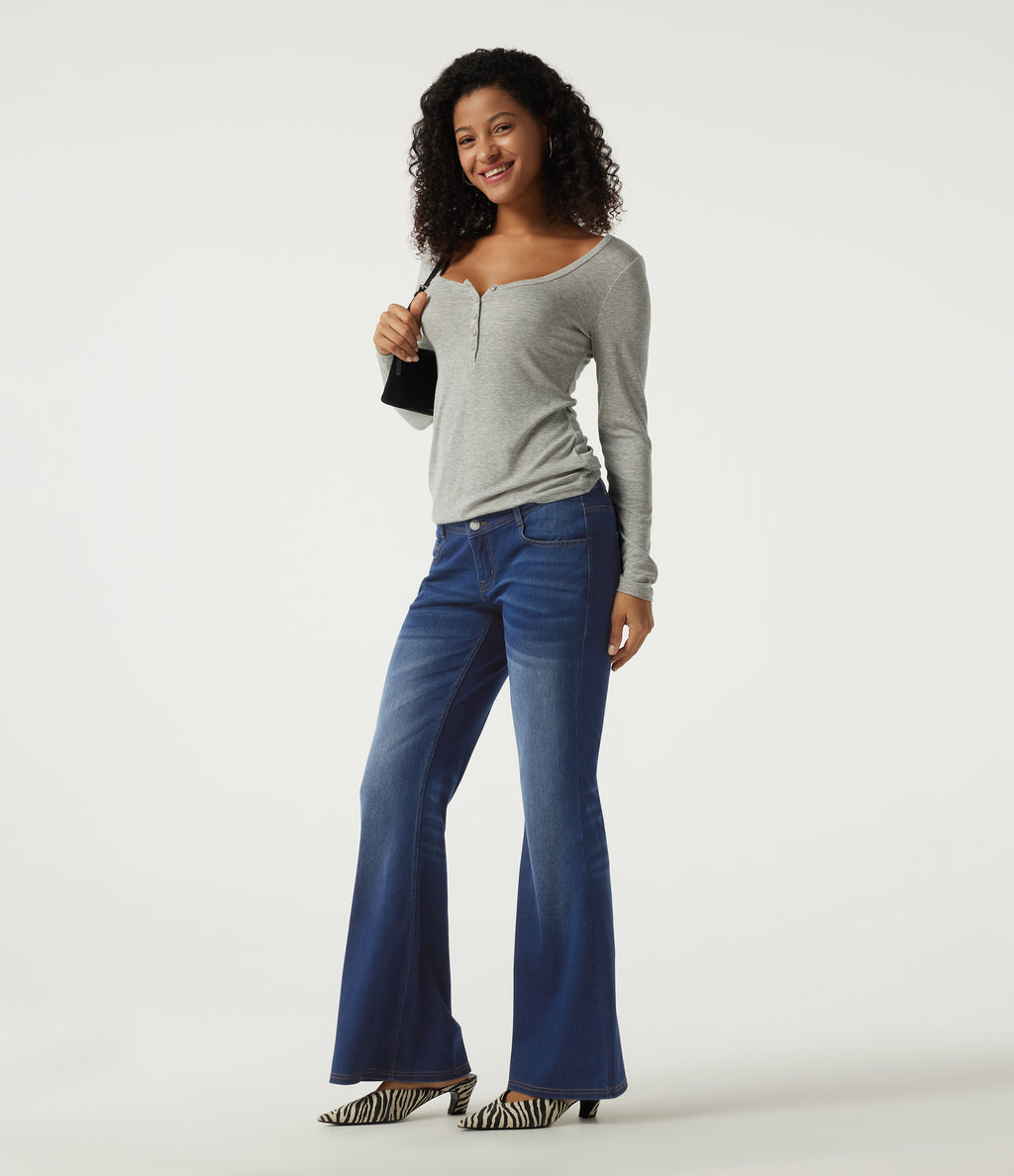 Mid Rise Flare Casual Jeans with Pockets — Estate Blue Denim — view 7