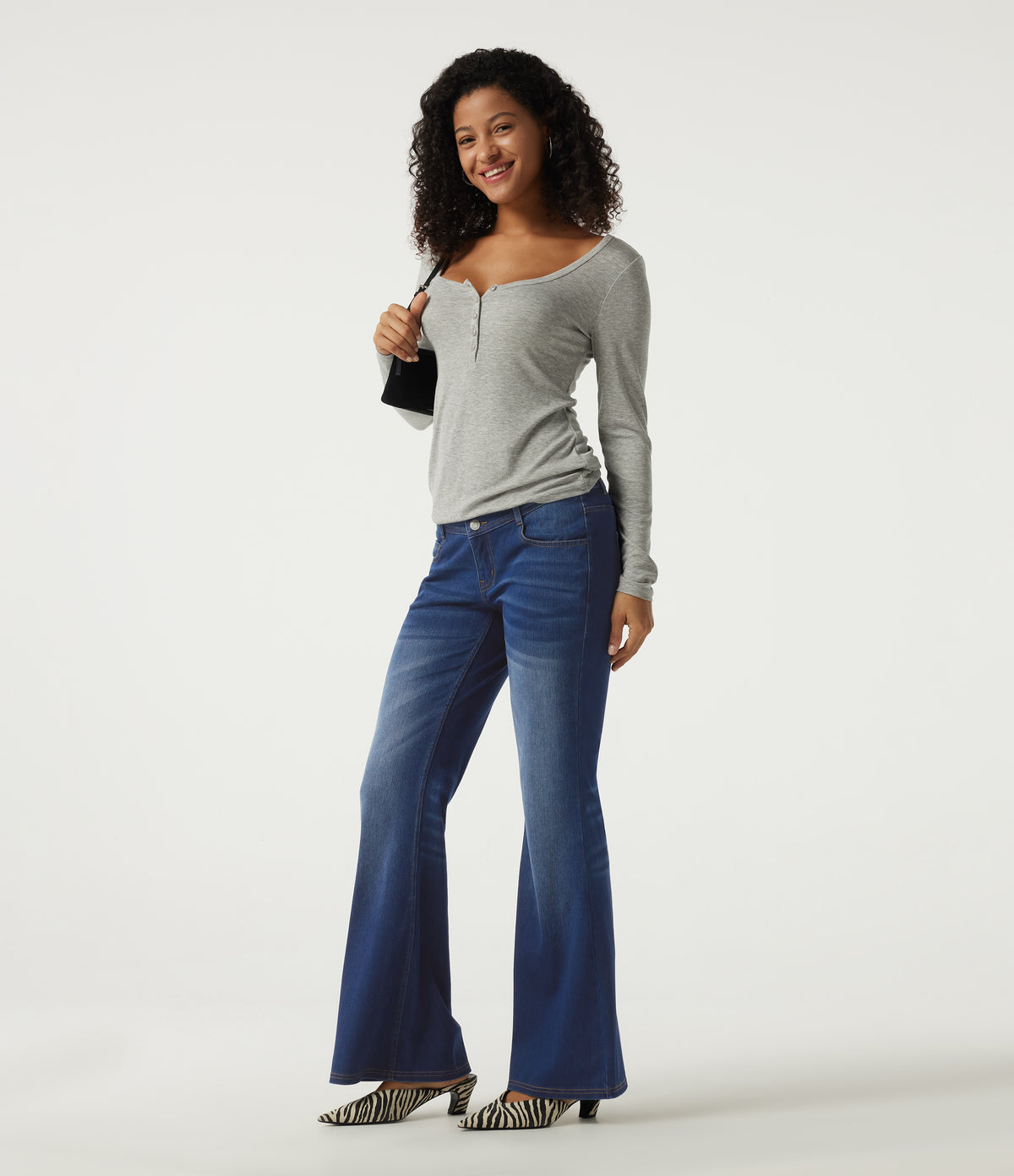 Mid Rise Flare Casual Jeans with Pockets — Estate Blue Denim — view 7