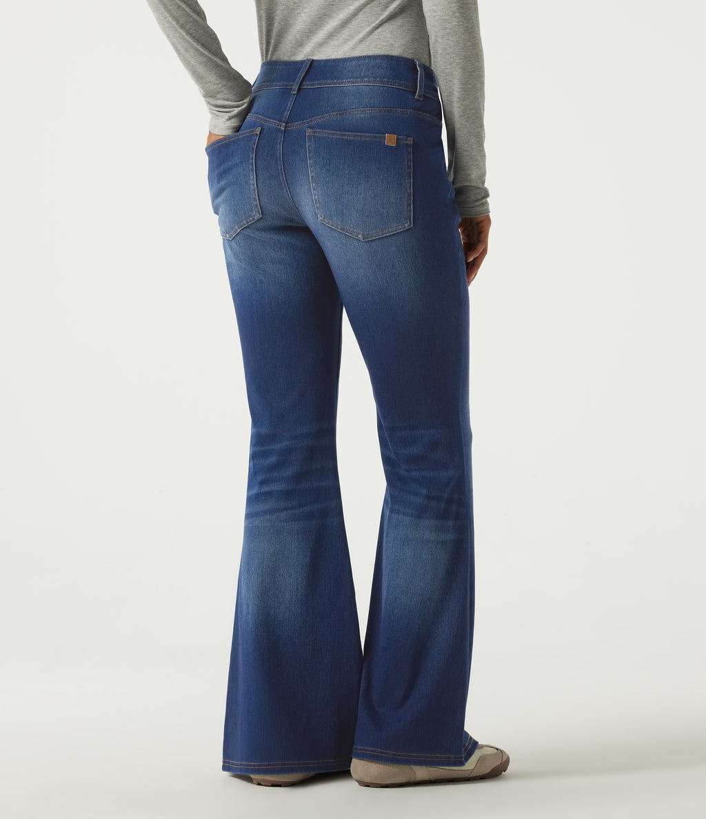 Mid Rise Flare Casual Jeans with Pockets — Estate Blue Denim — view 2