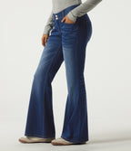 Mid Rise Flare Casual Jeans with Pockets — Estate Blue Denim — view 3