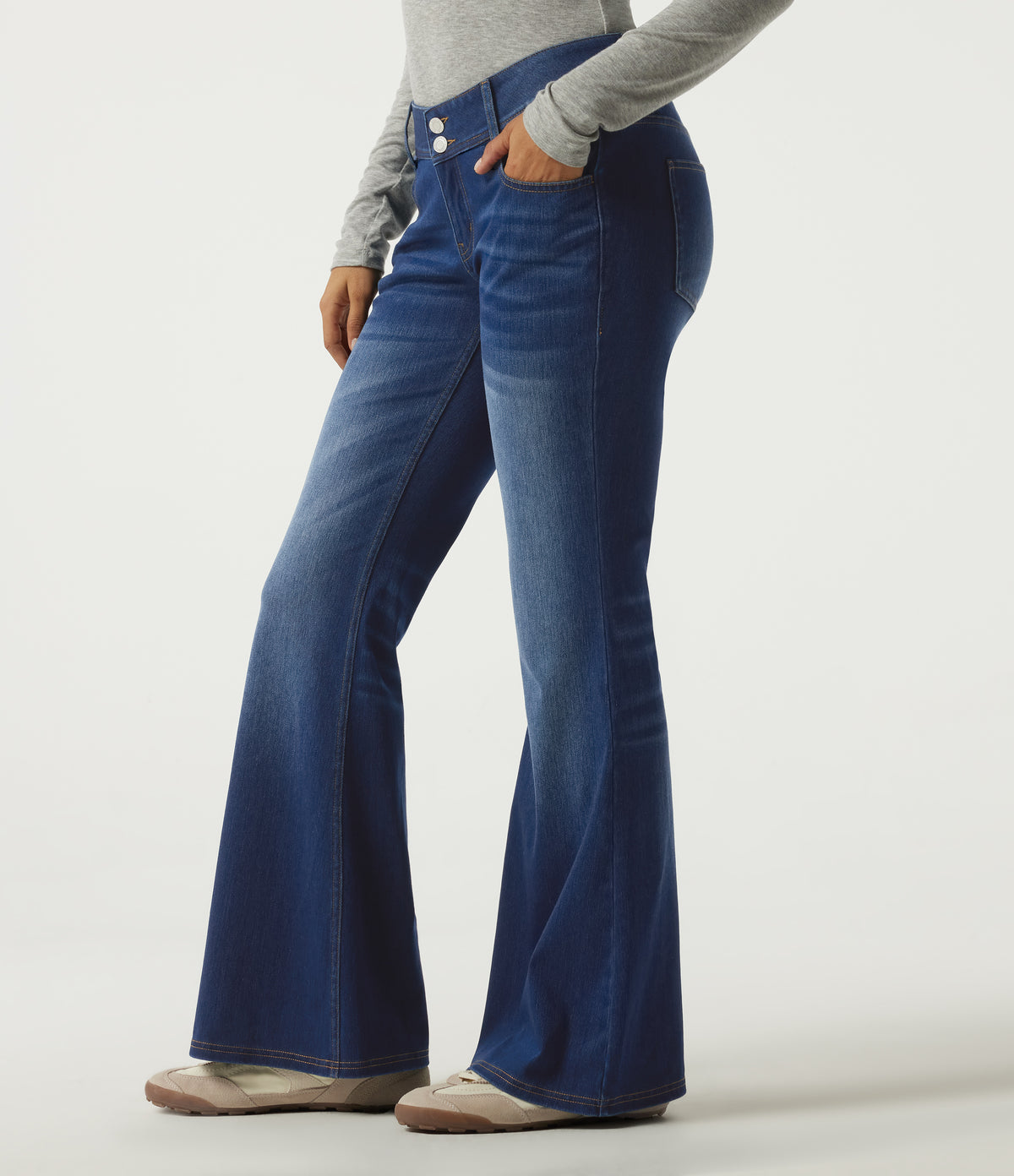 Mid Rise Flare Casual Jeans with Pockets — Estate Blue Denim — view 3