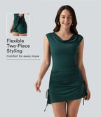 Sleeveless Ruched Built-in Bra Lace Up Bodycon Mini Casual Dress with Pockets With Separate Liner Shorts — Verdigris — view 1