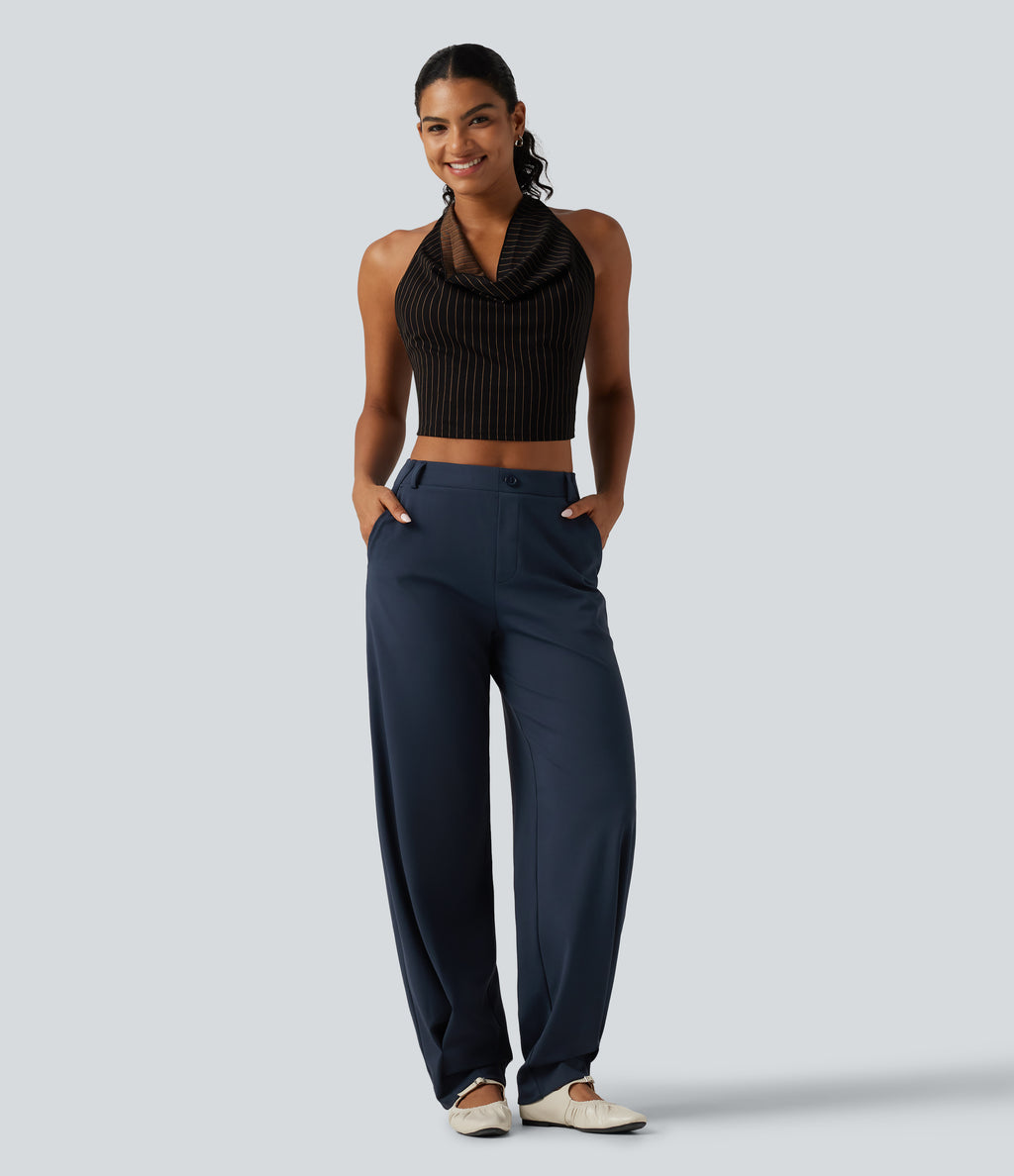 Mid Rise Barrel Leg Work Trousers with Pockets — Midnight Blue — view 7