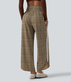 High Waisted Tummy Control Plaid Wide Leg Running Trousers with Pockets — Butter Malt Check — view 2