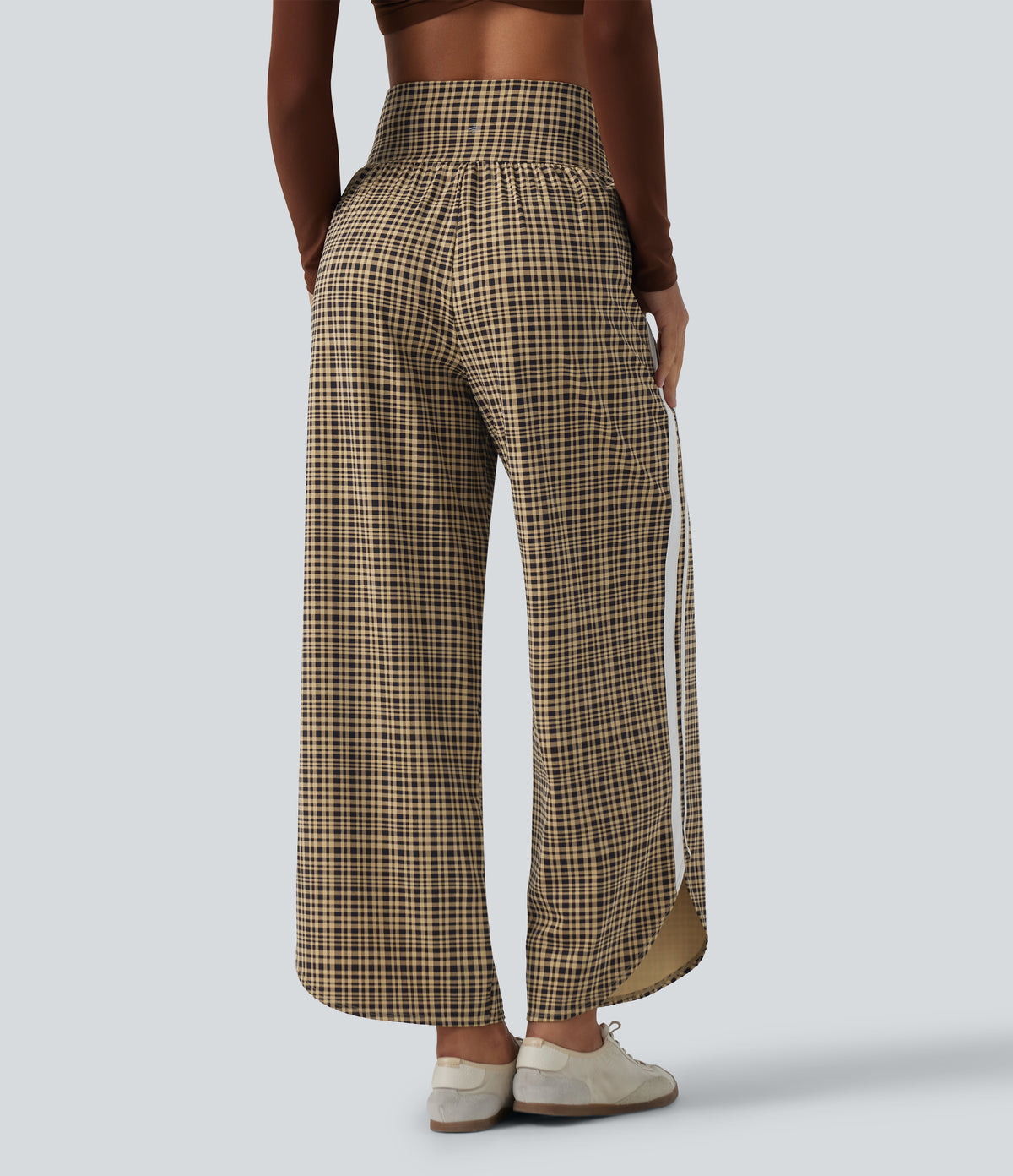 High Waisted Tummy Control Plaid Wide Leg Running Trousers with Pockets — Butter Malt Check — view 2