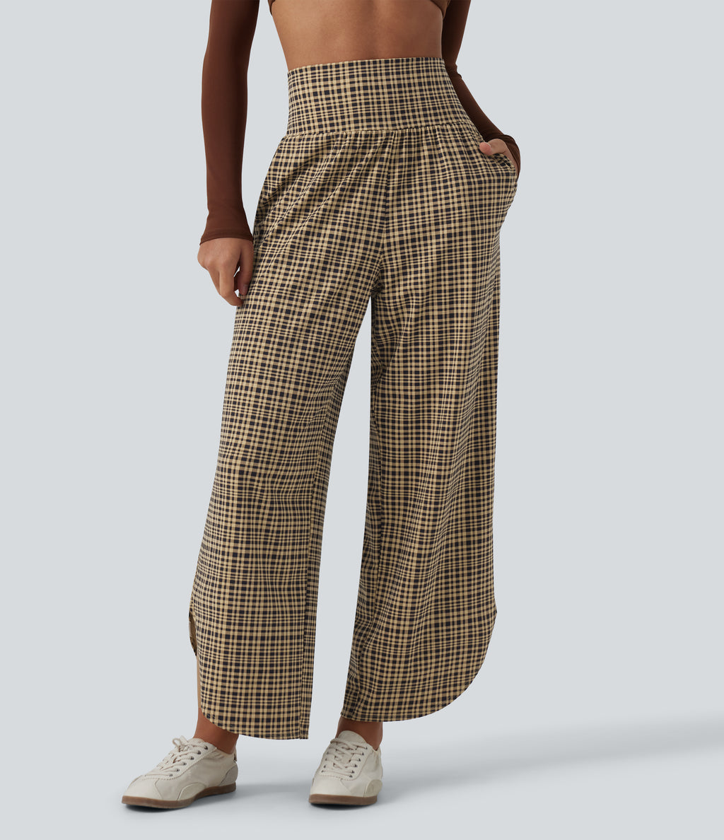 High Waisted Tummy Control Plaid Wide Leg Running Trousers with Pockets — Butter Malt Check — view 3