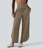 High Waisted Tummy Control Plaid Wide Leg Running Trousers with Pockets — Butter Malt Check — view 3