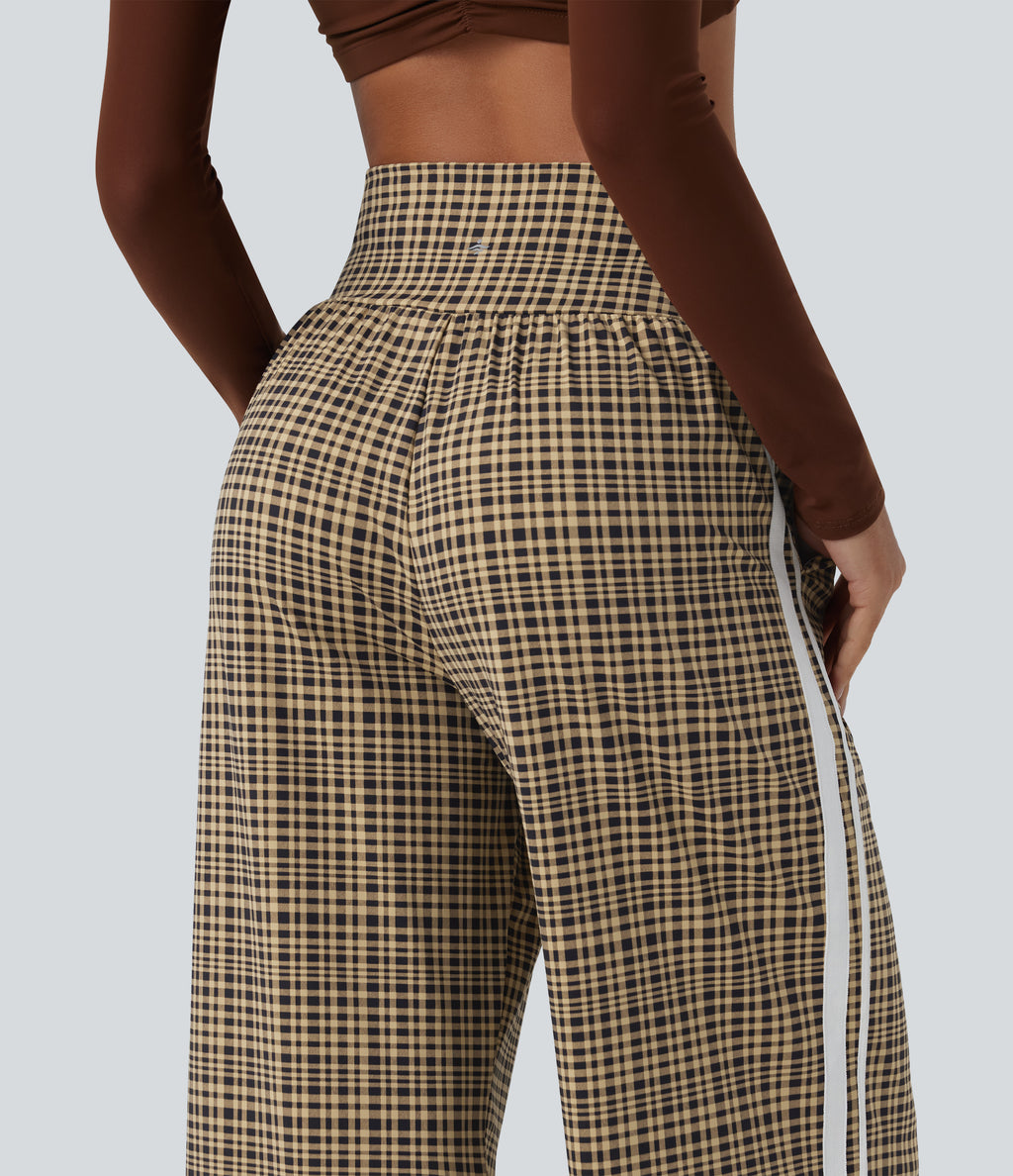 High Waisted Tummy Control Plaid Wide Leg Running Trousers with Pockets — Butter Malt Check — view 5
