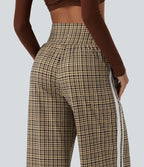 High Waisted Tummy Control Plaid Wide Leg Running Trousers with Pockets — Butter Malt Check — view 5