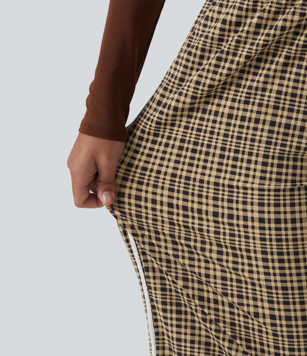 High Waisted Tummy Control Plaid Wide Leg Running Trousers with Pockets — Butter Malt Check — view 7