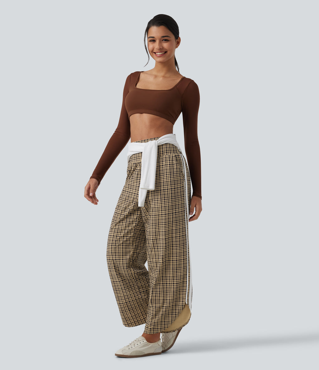 High Waisted Tummy Control Plaid Wide Leg Running Trousers with Pockets — Butter Malt Check — view 8