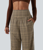 High Waisted Tummy Control Plaid Wide Leg Running Trousers with Pockets — Butter Malt Check — view 4
